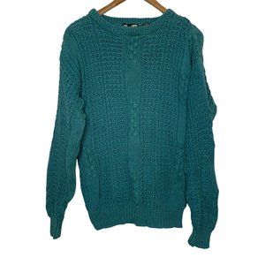 Fluid Cable Knit Sweater Green Crew Neck Pullover Casual Cottage Ramie Cotton M